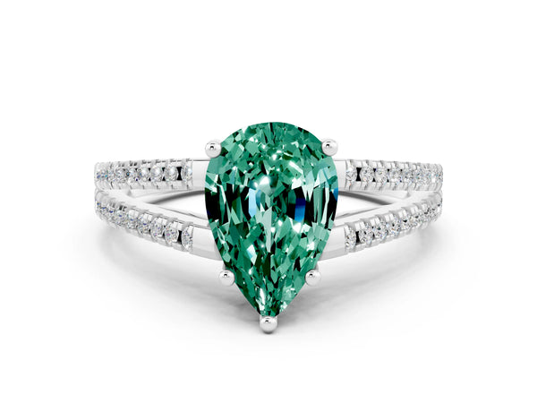 Silver Pear Cut Green Sapphire Solitaire Engagement Ring with Split Shank Pavé Band