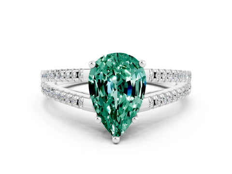 White gold Pear Cut Green Sapphire Solitaire Engagement Ring with Split Shank Pavé Band