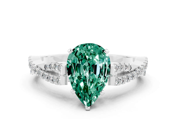 Platinum Pear Cut Green Sapphire Solitaire Engagement Ring with Twisted Pavé Band and Four-Prong Setting