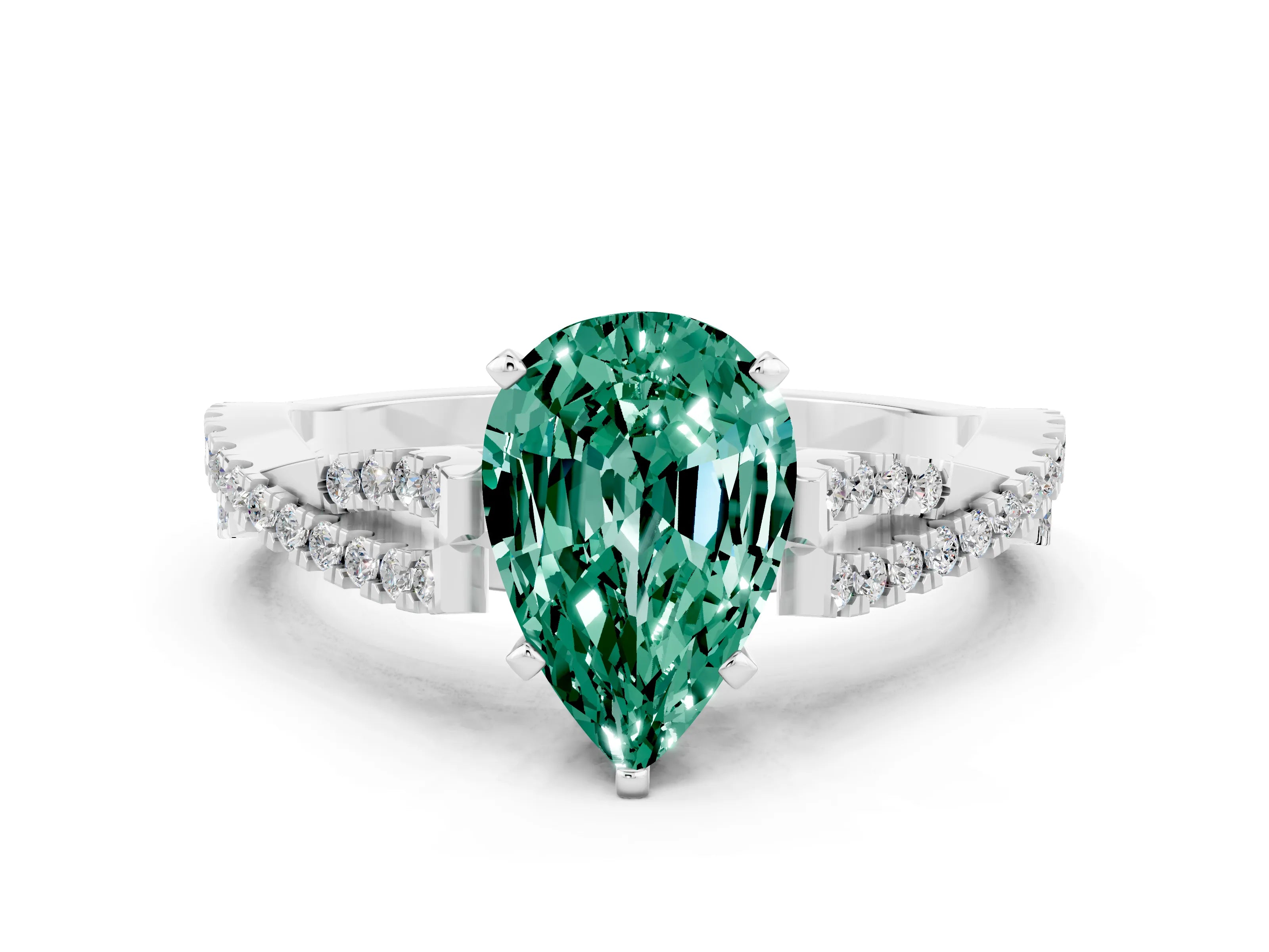 White gold Pear Cut Green Sapphire Solitaire Engagement Ring with Twisted Pavé Band and Four-Prong Setting