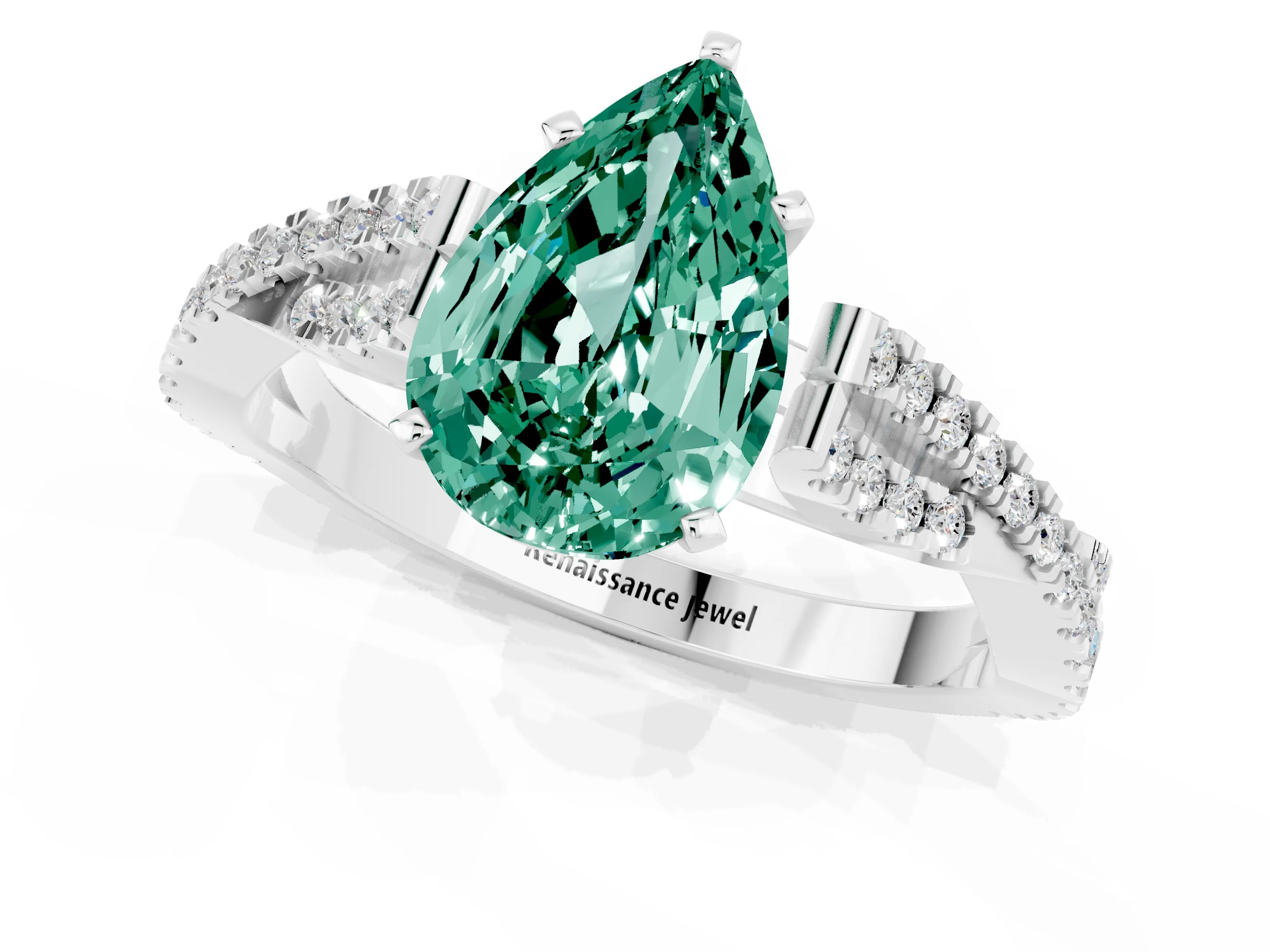 White gold Pear Cut Green Sapphire Solitaire Engagement Ring with Twisted Pavé Band and Four-Prong Setting_1