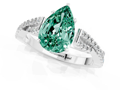 White gold Pear Cut Green Sapphire Solitaire Engagement Ring with Twisted Pavé Band and Four-Prong Setting_1