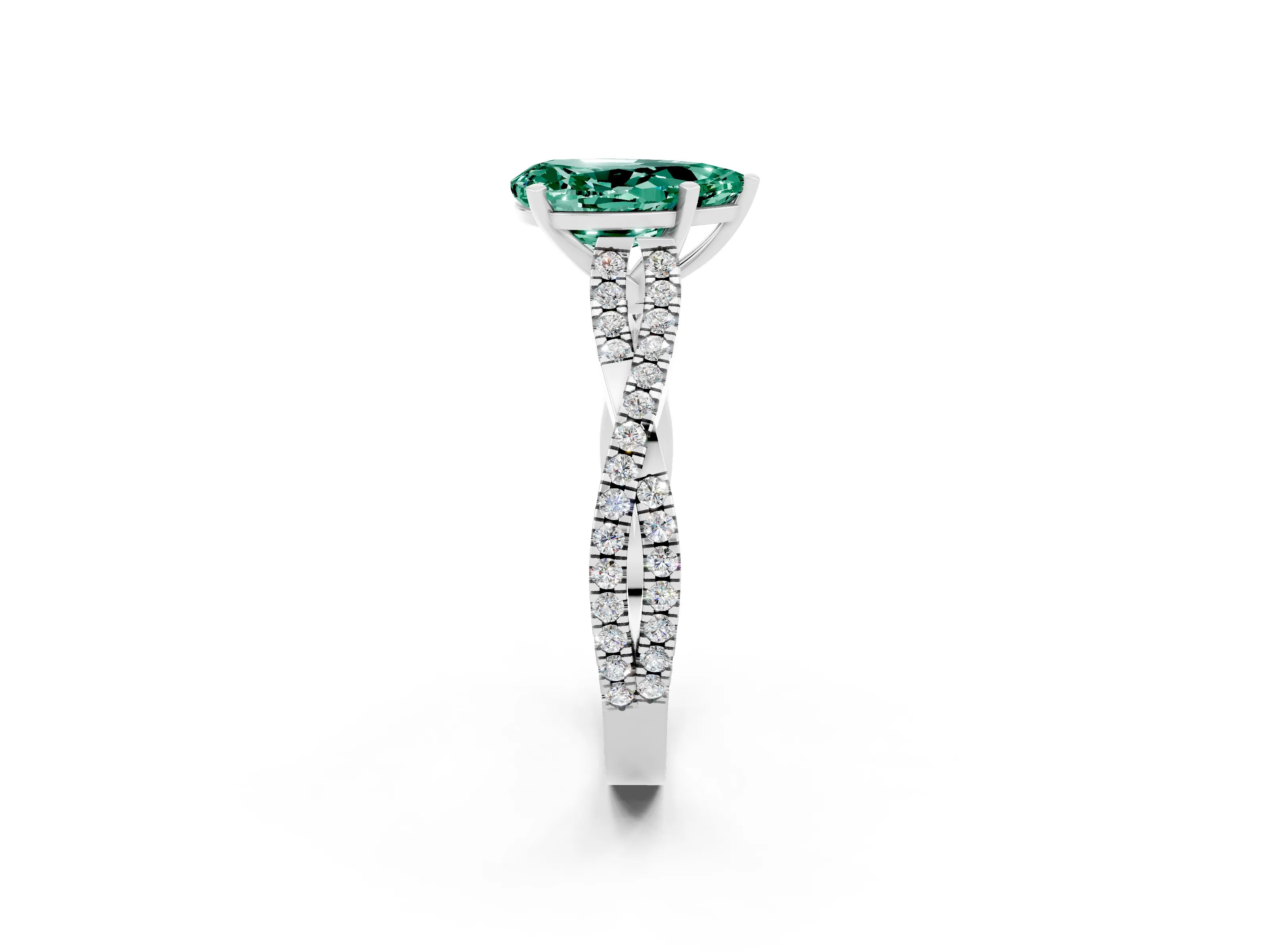 White gold Pear Cut Green Sapphire Solitaire Engagement Ring with Twisted Pavé Band and Four-Prong Setting_2