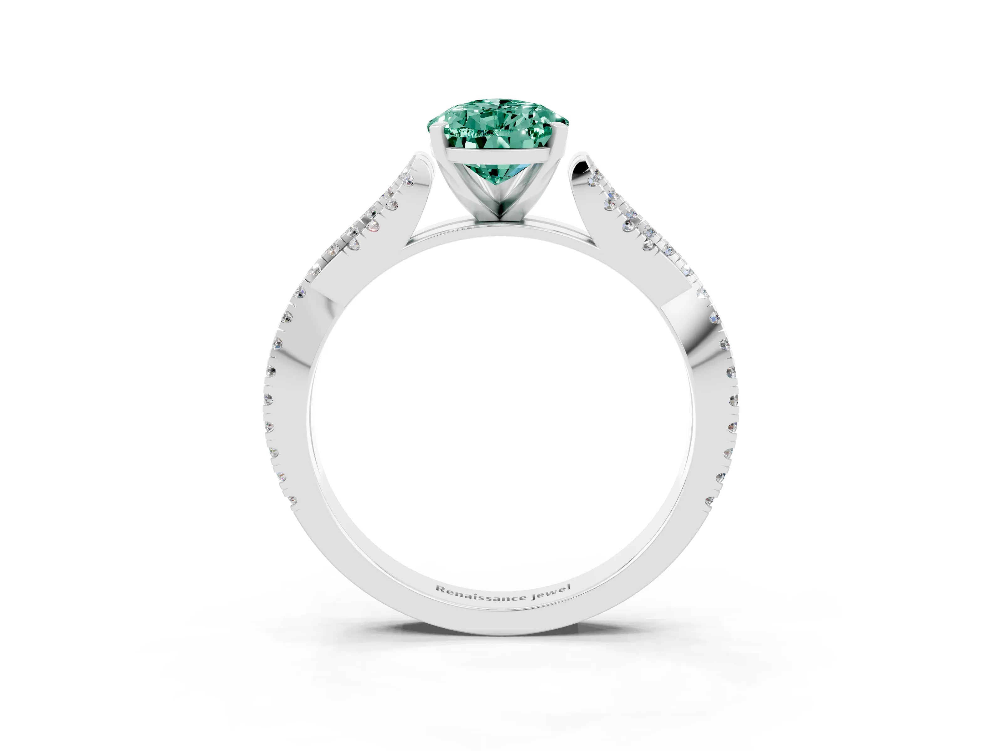 White gold Pear Cut Green Sapphire Solitaire Engagement Ring with Twisted Pavé Band and Four-Prong Setting_3
