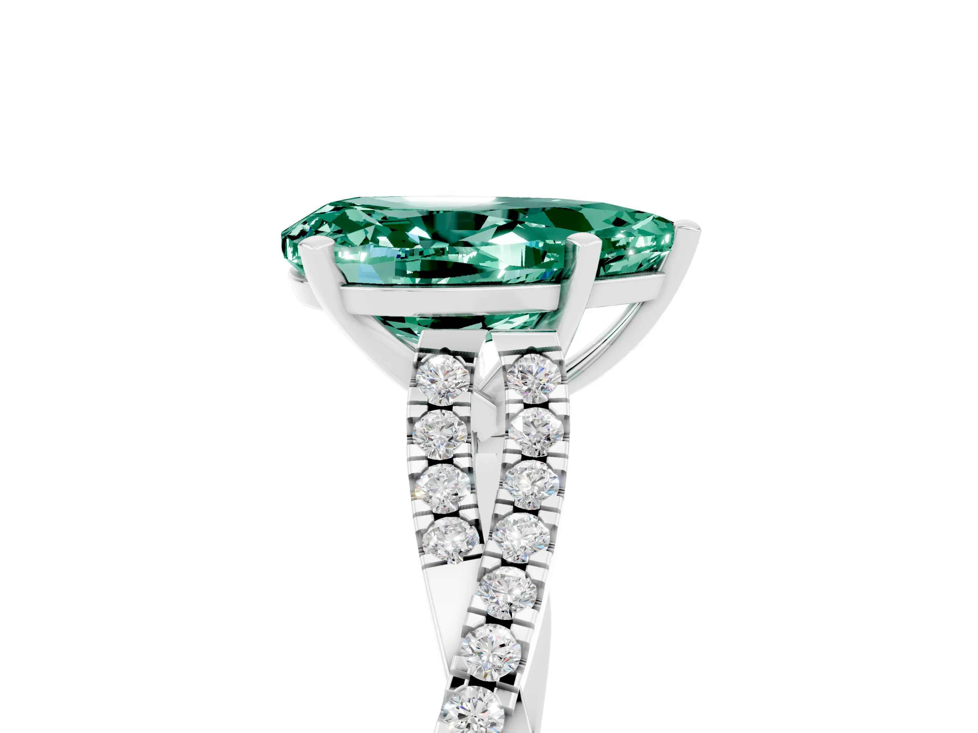 White gold Pear Cut Green Sapphire Solitaire Engagement Ring with Twisted Pavé Band and Four-Prong Setting_5