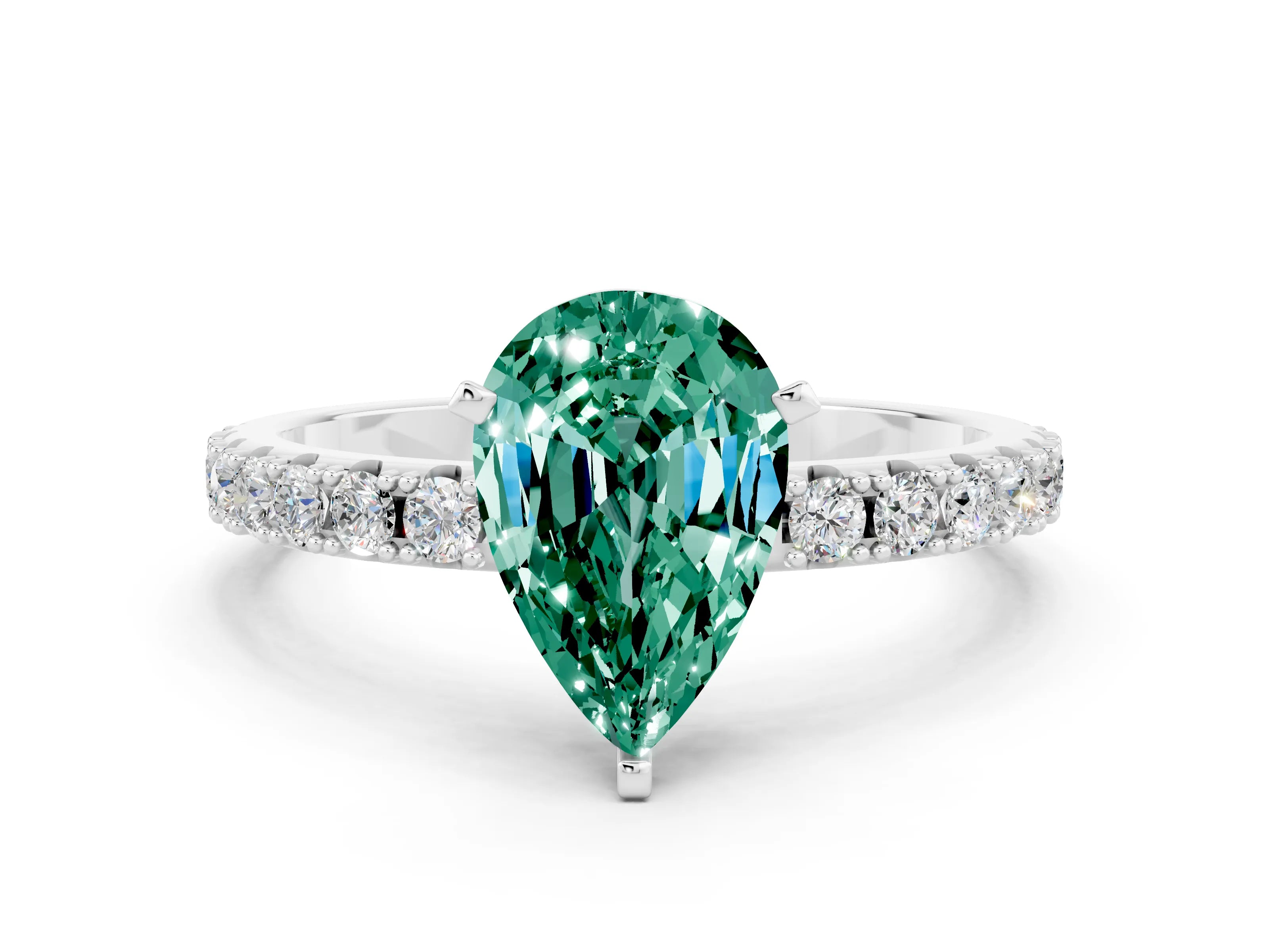 White gold Pear Cut Green Sapphire Solitaire Pavé Band with Four-Prong Setting