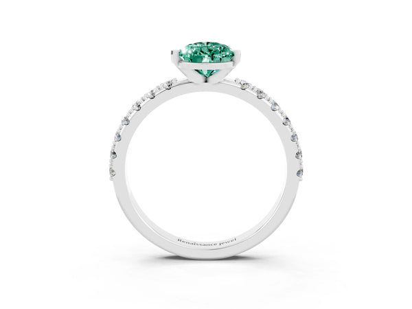 Platinum Pear Cut Green Sapphire Solitaire Pavé Band with Four-Prong Setting