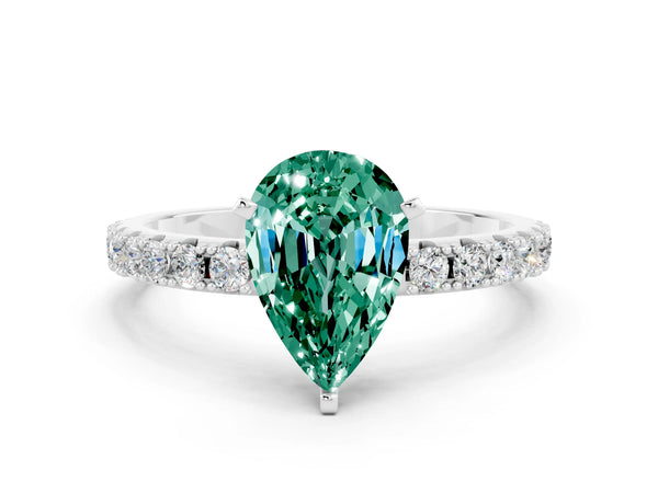 Silver Pear Cut Green Sapphire Solitaire Pavé Band with Four-Prong Setting