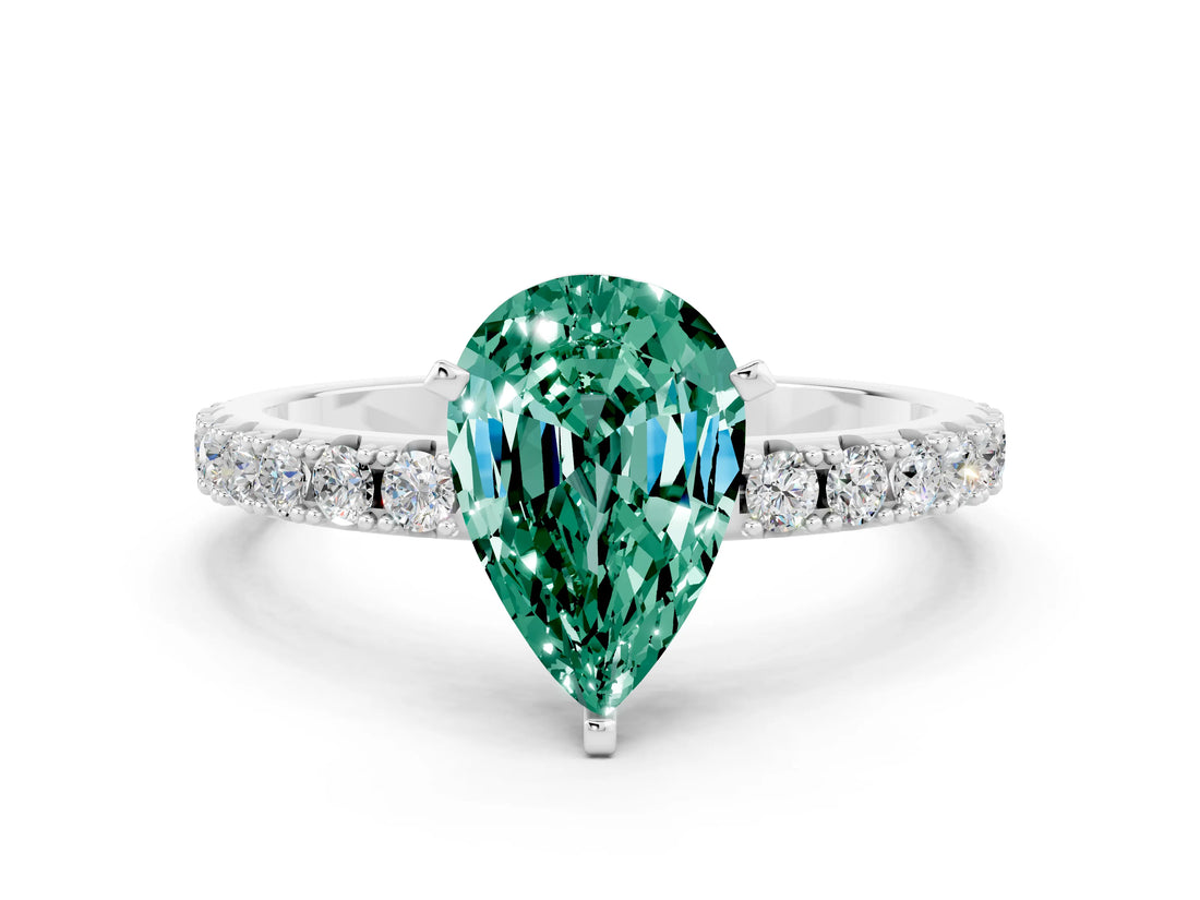 White gold Pear Cut Green Sapphire Solitaire Pavé Band with Four-Prong Setting