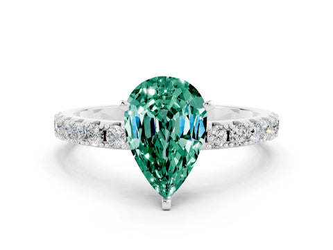 White gold Pear Cut Green Sapphire Solitaire Pavé Band with Four-Prong Setting