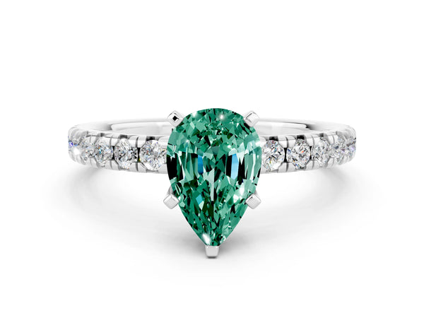 White gold Pear Cut Green Sapphire Solitaire Pavé Engagement Ring with Round Band and Prong Setting