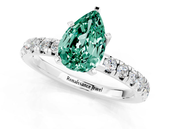 White gold Pear Cut Green Sapphire Solitaire Pavé Engagement Ring with Round Band and Prong Setting