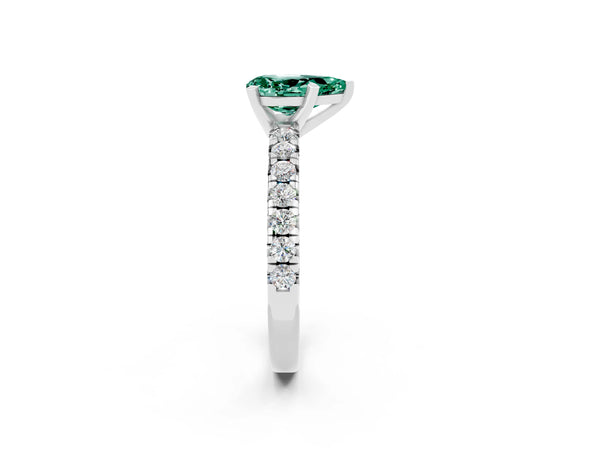 Silver Pear Cut Green Sapphire Solitaire Pavé Engagement Ring with Round Band and Prong Setting