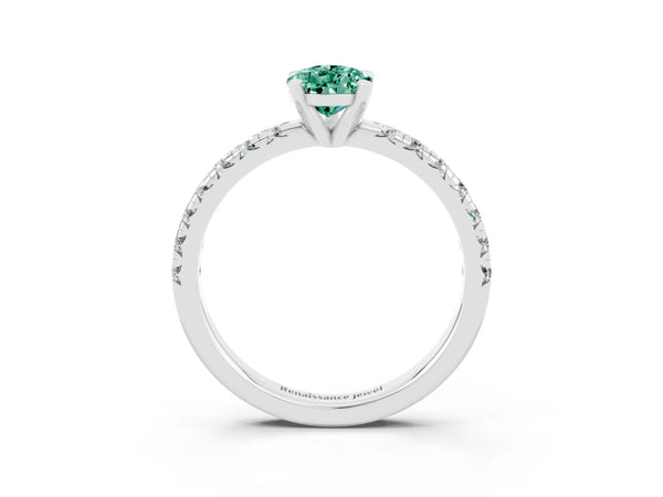 Silver Pear Cut Green Sapphire Solitaire Pavé Engagement Ring with Round Band and Prong Setting