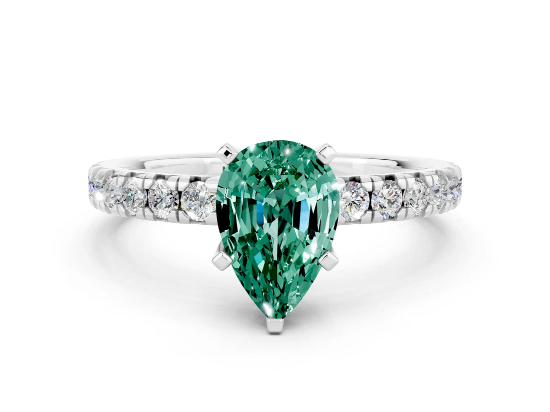 White gold Pear Cut Green Sapphire Solitaire Pavé Engagement Ring with Round Band and Prong Setting_72