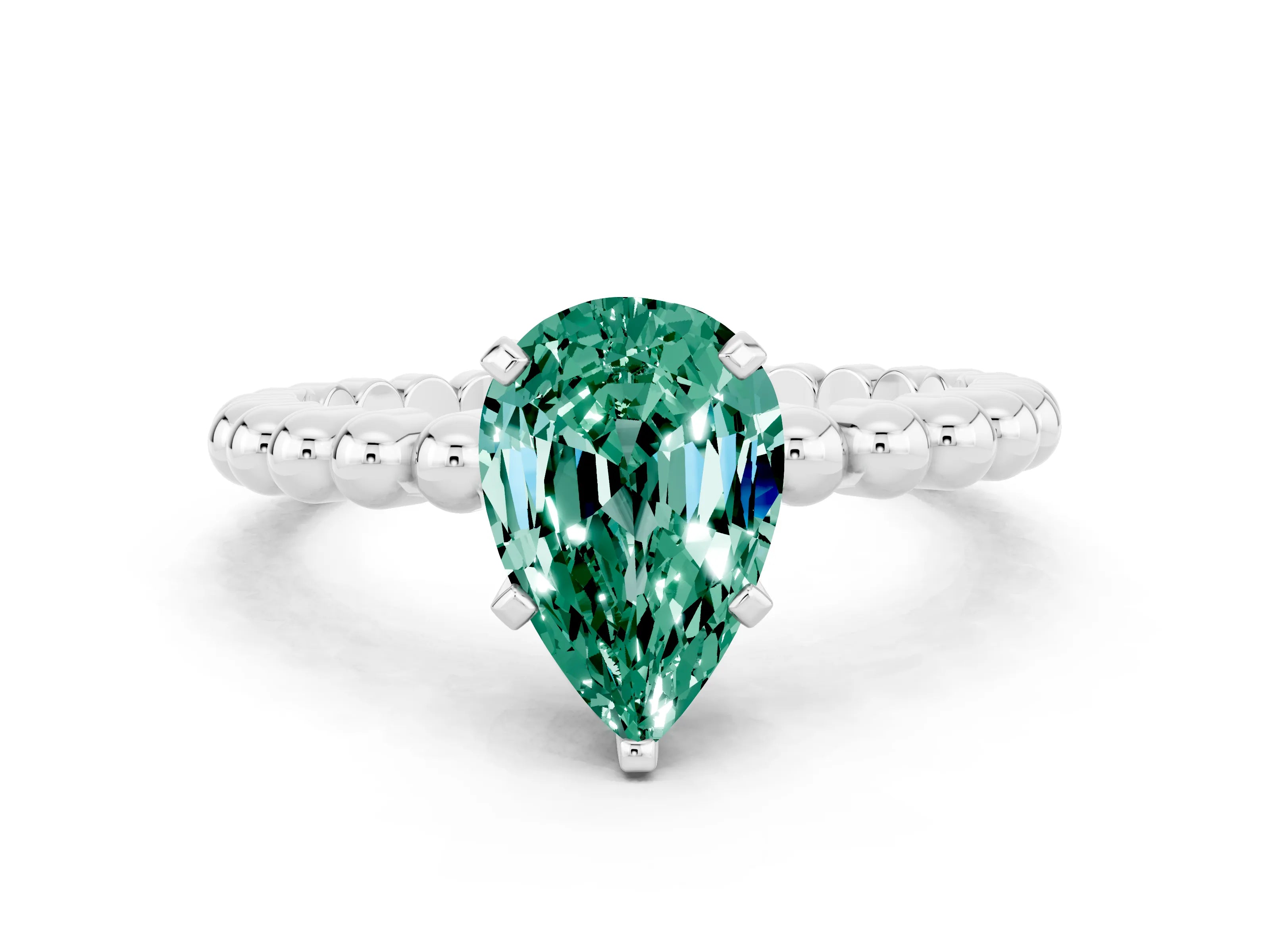 White gold Pear Cut Green Sapphire Solitaire Ring with Beaded Band and Prong Setting_12