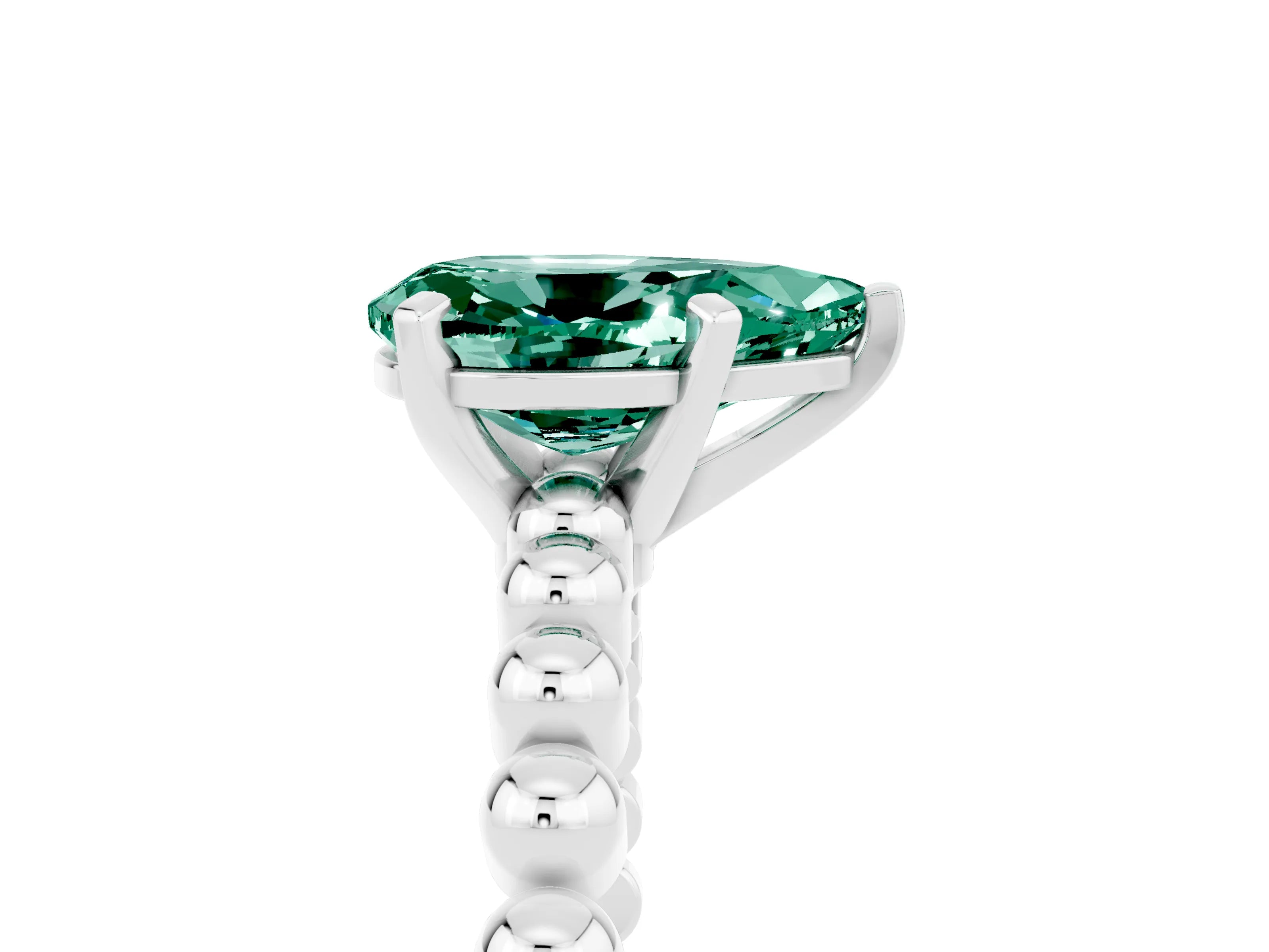 White gold Pear Cut Green Sapphire Solitaire Ring with Beaded Band and Prong Setting_17