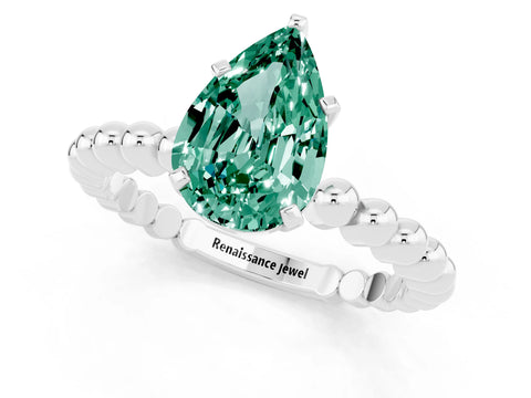 White gold Pear Cut Green Sapphire Solitaire Ring with Beaded Band and Prong Setting_1