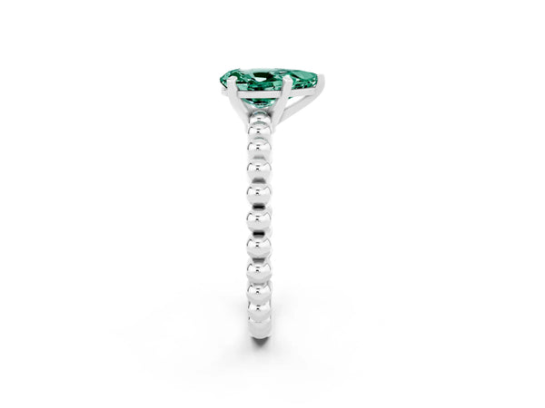 Silver Pear Cut Green Sapphire Solitaire Ring with Beaded Band and Prong Setting