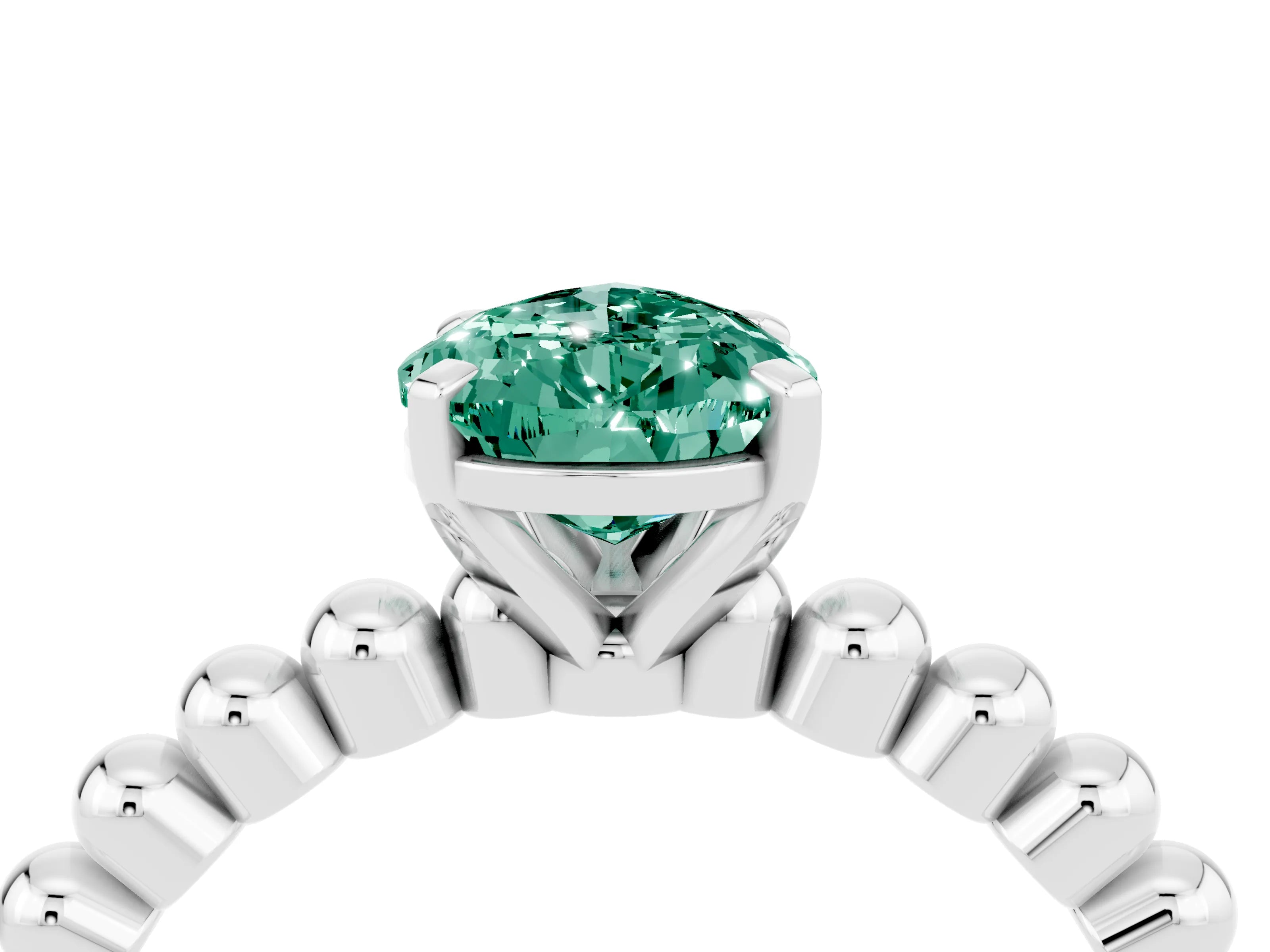 White gold Pear Cut Green Sapphire Solitaire Ring with Beaded Band and Prong Setting_4