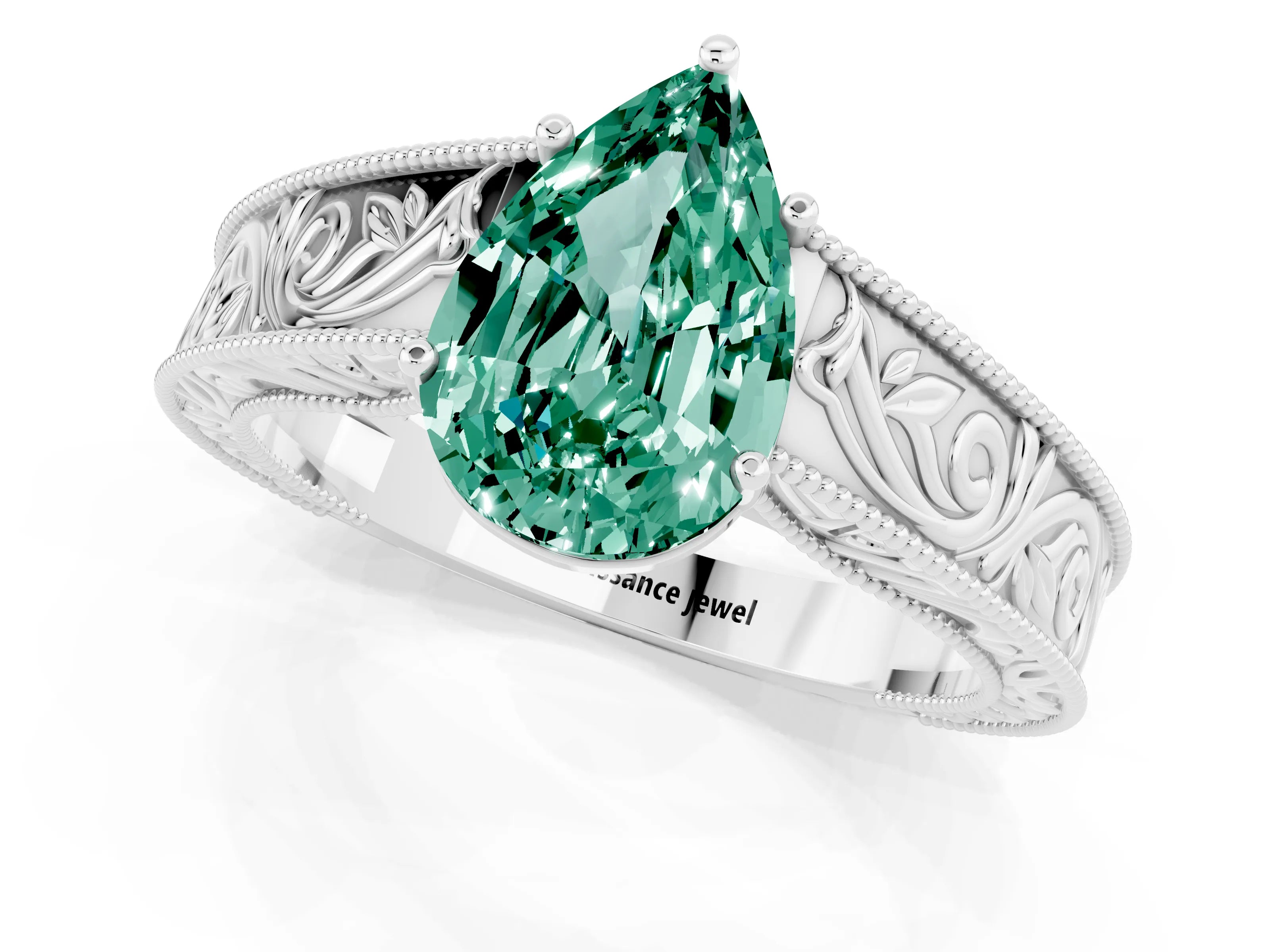 White gold Pear Cut Green Sapphire Solitaire Ring with Engraved Band and Four-Prong Setting_1