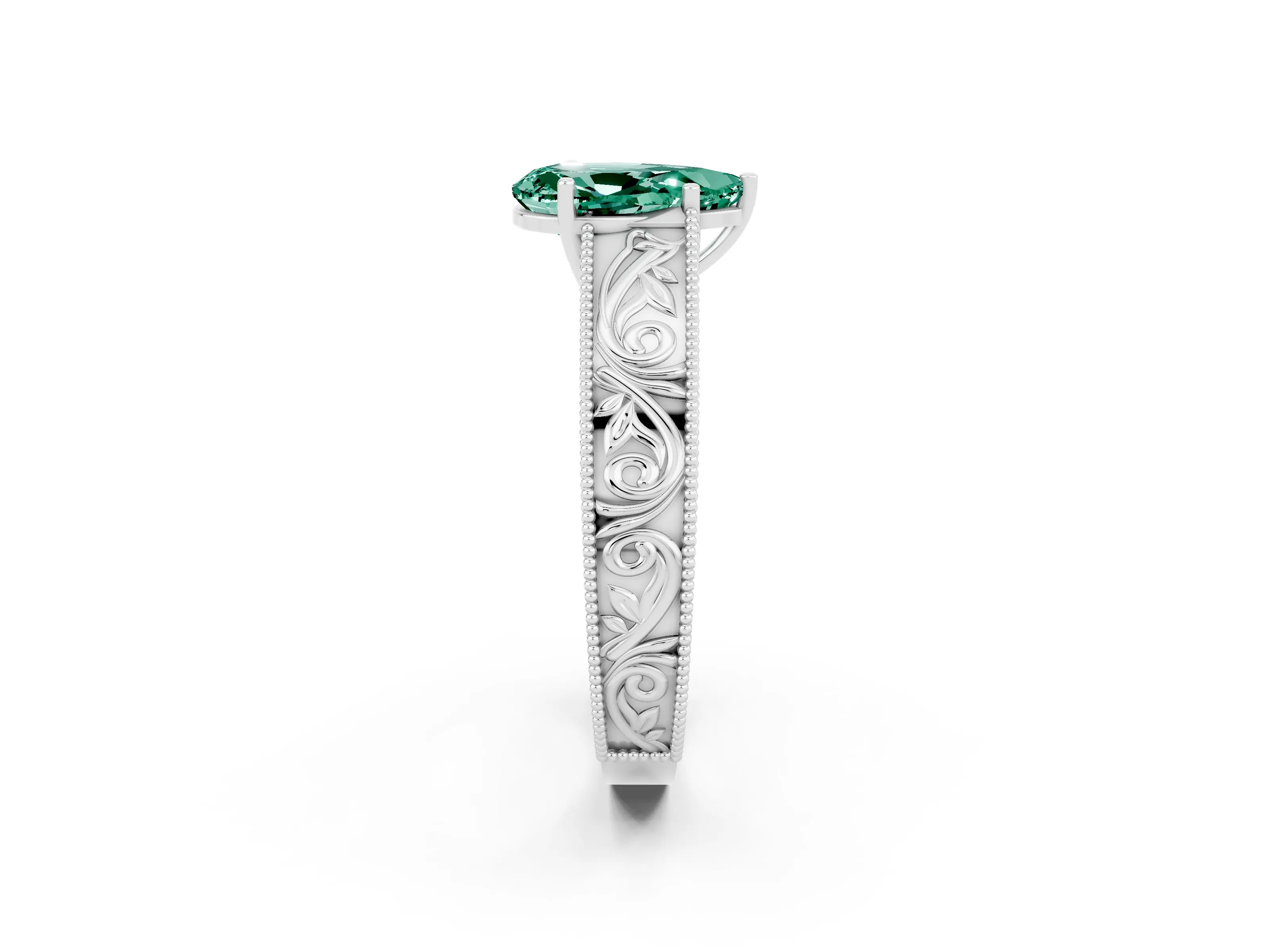 White gold Pear Cut Green Sapphire Solitaire Ring with Engraved Band and Four-Prong Setting_2