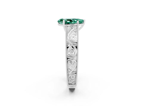 White gold Pear Cut Green Sapphire Solitaire Ring with Engraved Band and Four-Prong Setting_2