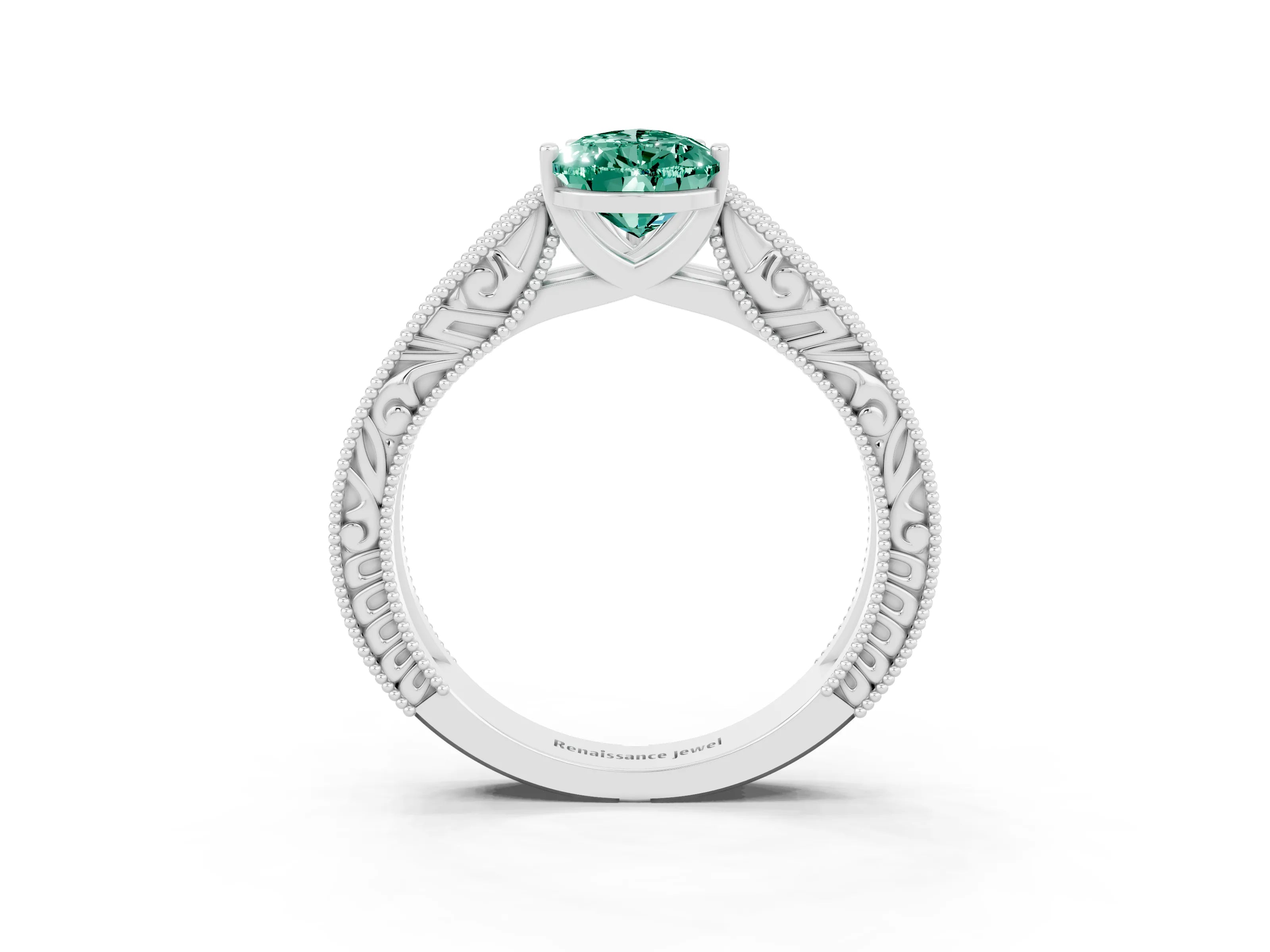 White gold Pear Cut Green Sapphire Solitaire Ring with Engraved Band and Four-Prong Setting_3