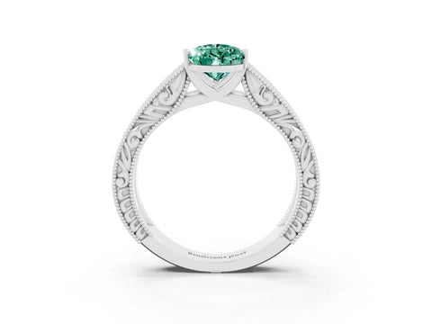 White gold Pear Cut Green Sapphire Solitaire Ring with Engraved Band and Four-Prong Setting_3
