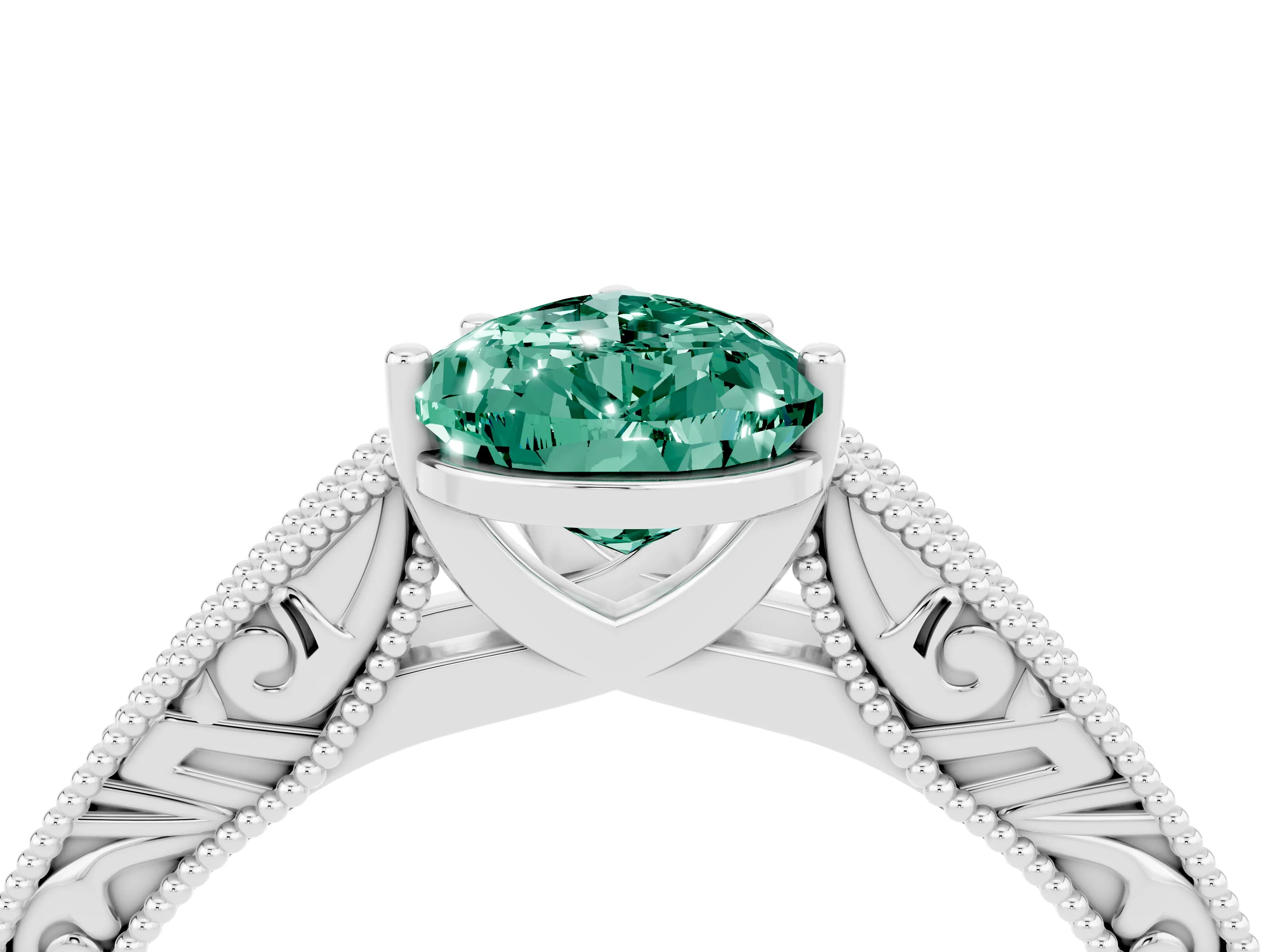 White gold Pear Cut Green Sapphire Solitaire Ring with Engraved Band and Four-Prong Setting_4