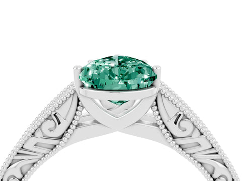 White gold Pear Cut Green Sapphire Solitaire Ring with Engraved Band and Four-Prong Setting_4