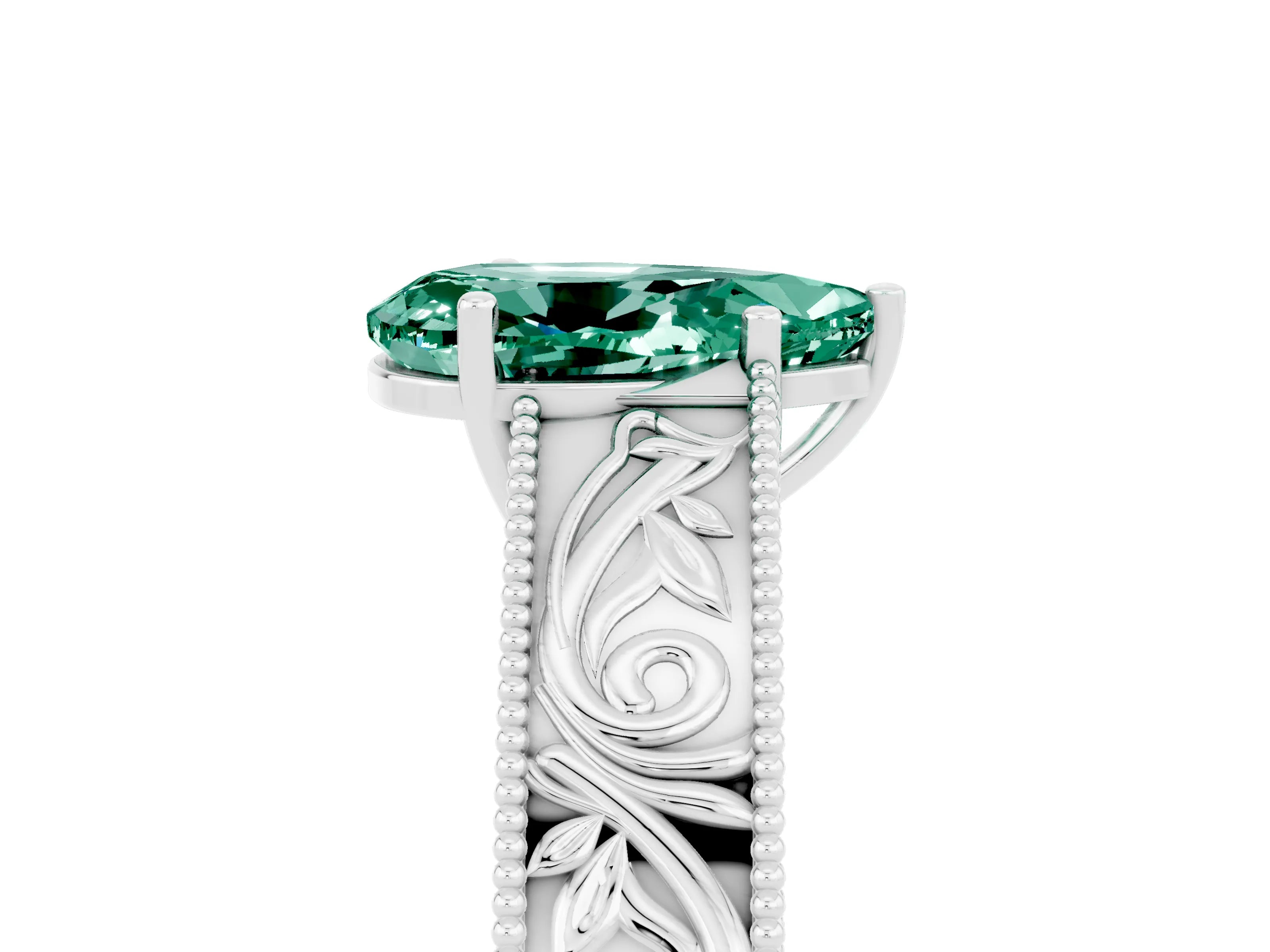 White gold Pear Cut Green Sapphire Solitaire Ring with Engraved Band and Four-Prong Setting_5