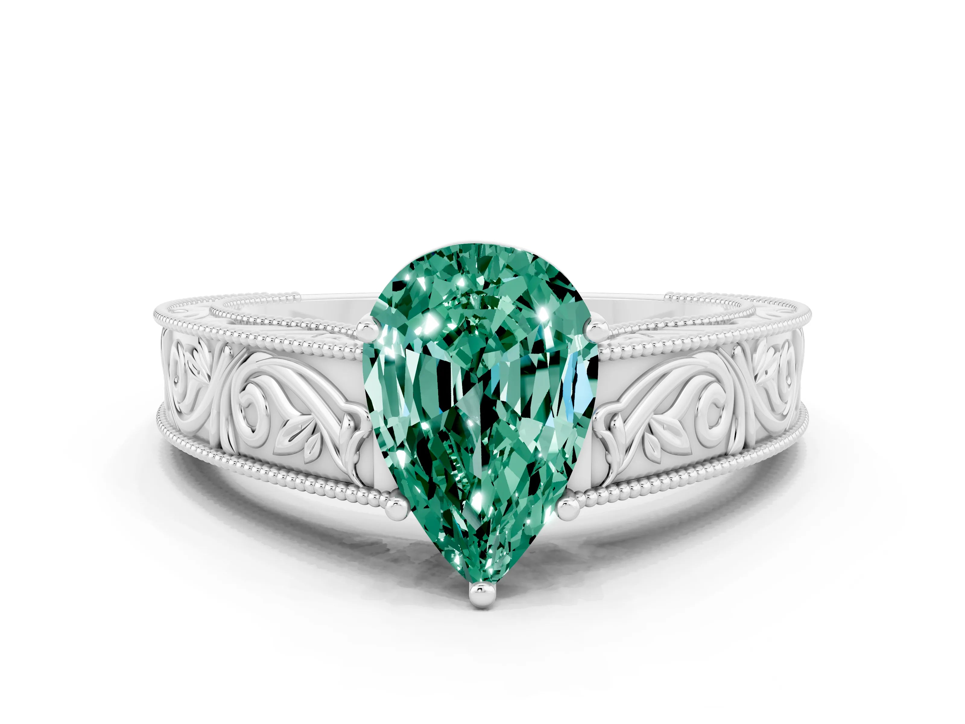 White gold Pear Cut Green Sapphire Solitaire Ring with Engraved Band and Four-Prong Setting
