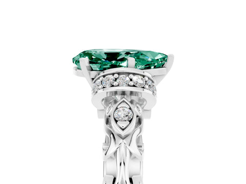 White gold Pear Cut Green Sapphire Solitaire Ring with Filigree Band and Four-Prong Setting_29