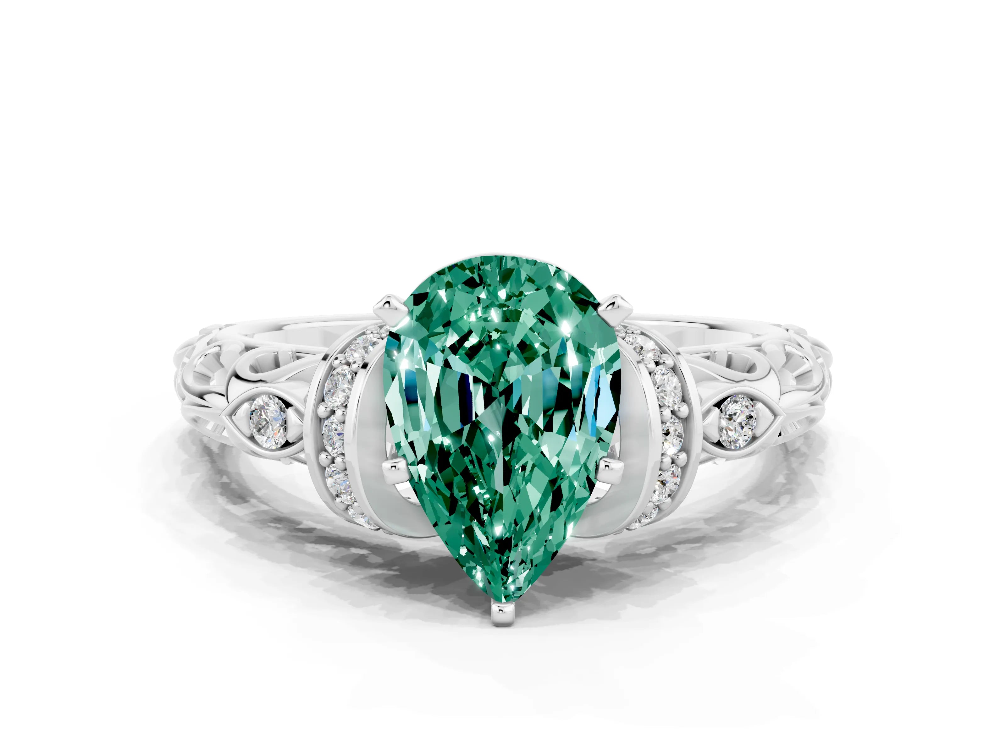 White gold Pear Cut Green Sapphire Solitaire Ring with Filigree Band and Four-Prong Setting_36