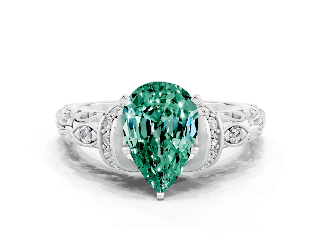 White gold Pear Cut Green Sapphire Solitaire Ring with Filigree Band and Four-Prong Setting_36