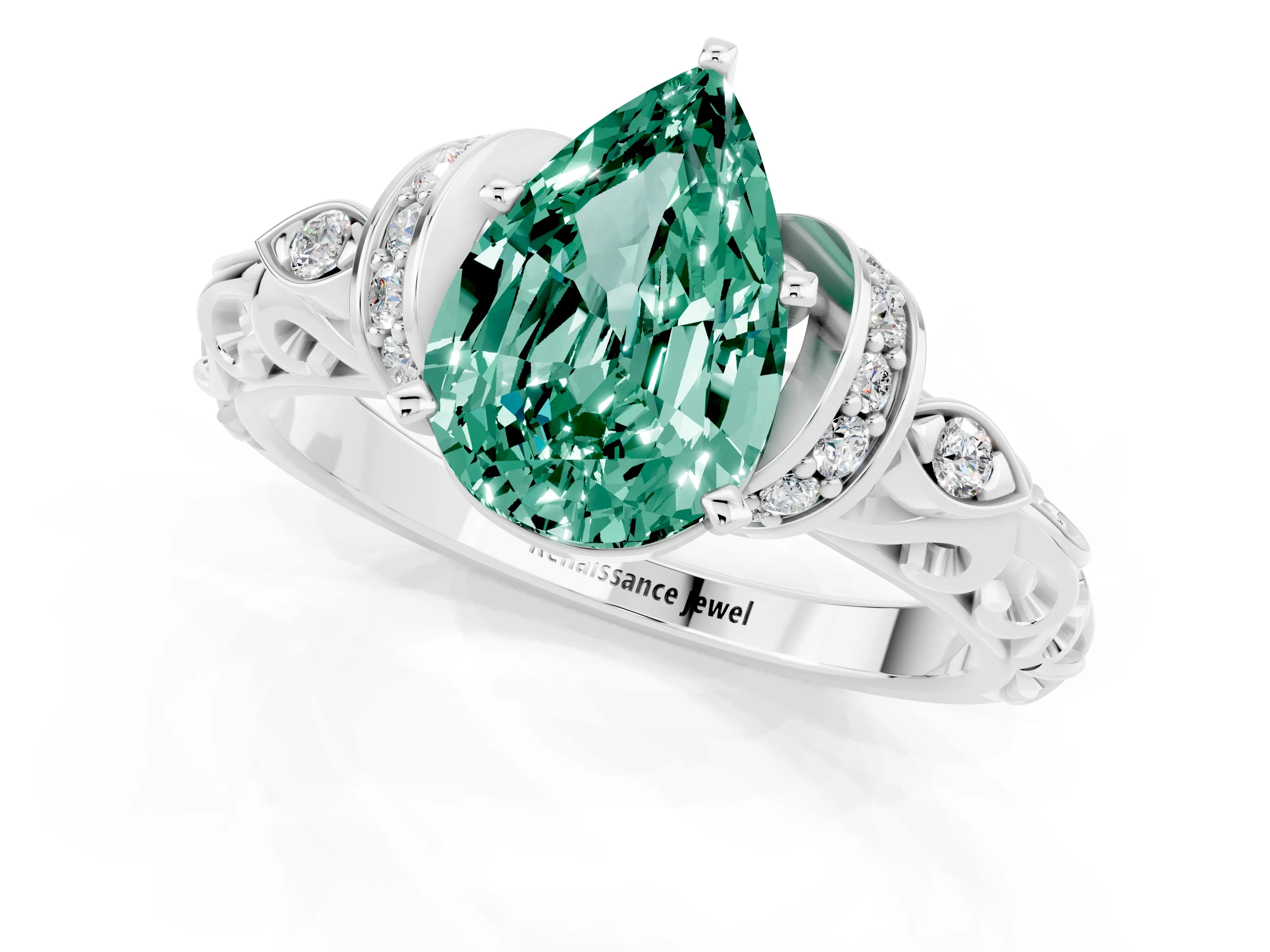 White gold Pear Cut Green Sapphire Solitaire Ring with Filigree Band and Four-Prong Setting_37