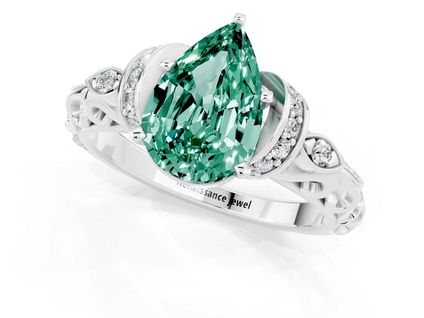 Silver Pear Cut Green Sapphire Solitaire Ring with Filigree Band and Four-Prong Setting