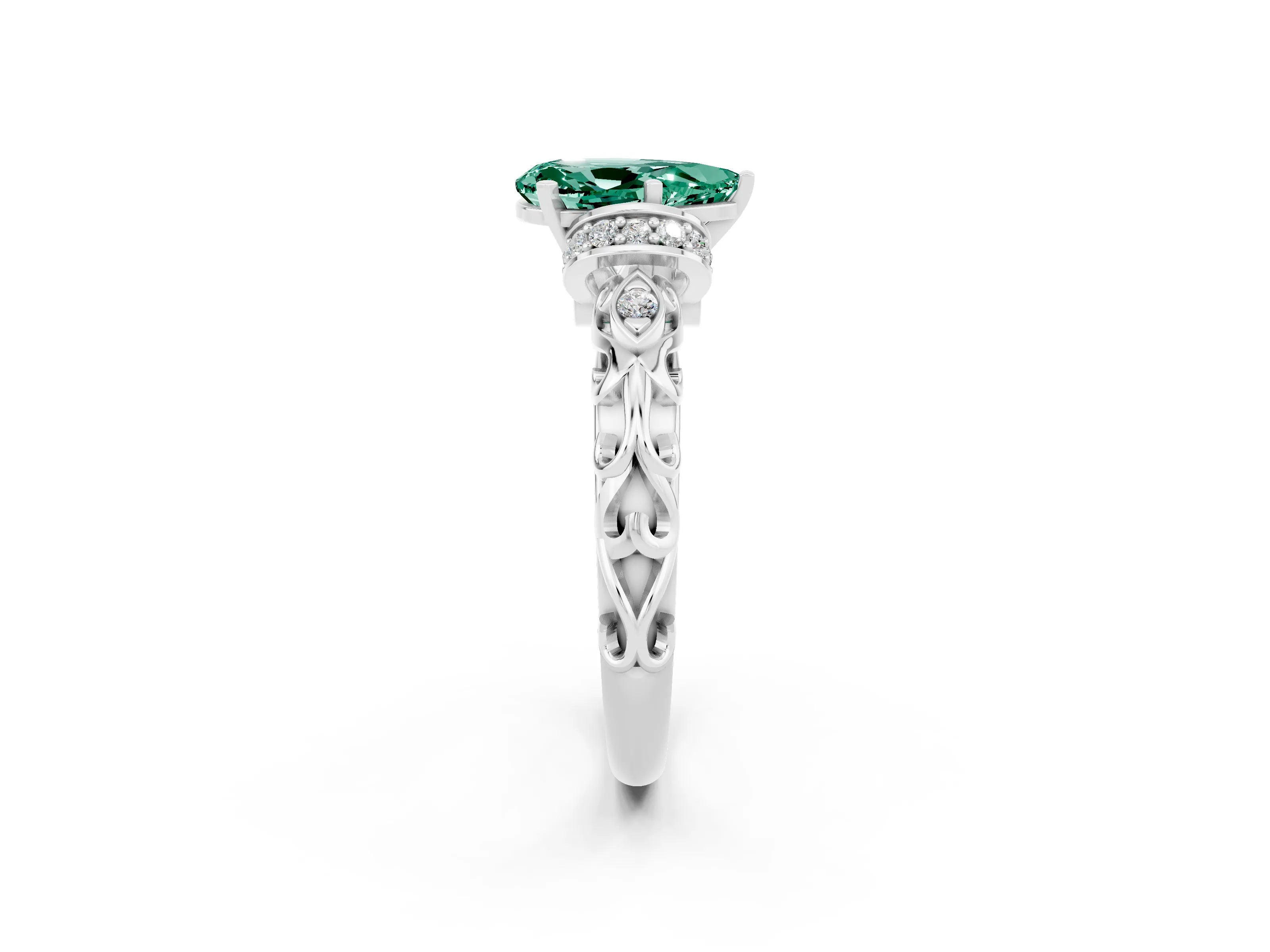 White gold Pear Cut Green Sapphire Solitaire Ring with Filigree Band and Four-Prong Setting_38