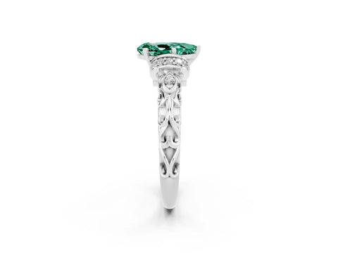 White gold Pear Cut Green Sapphire Solitaire Ring with Filigree Band and Four-Prong Setting_38