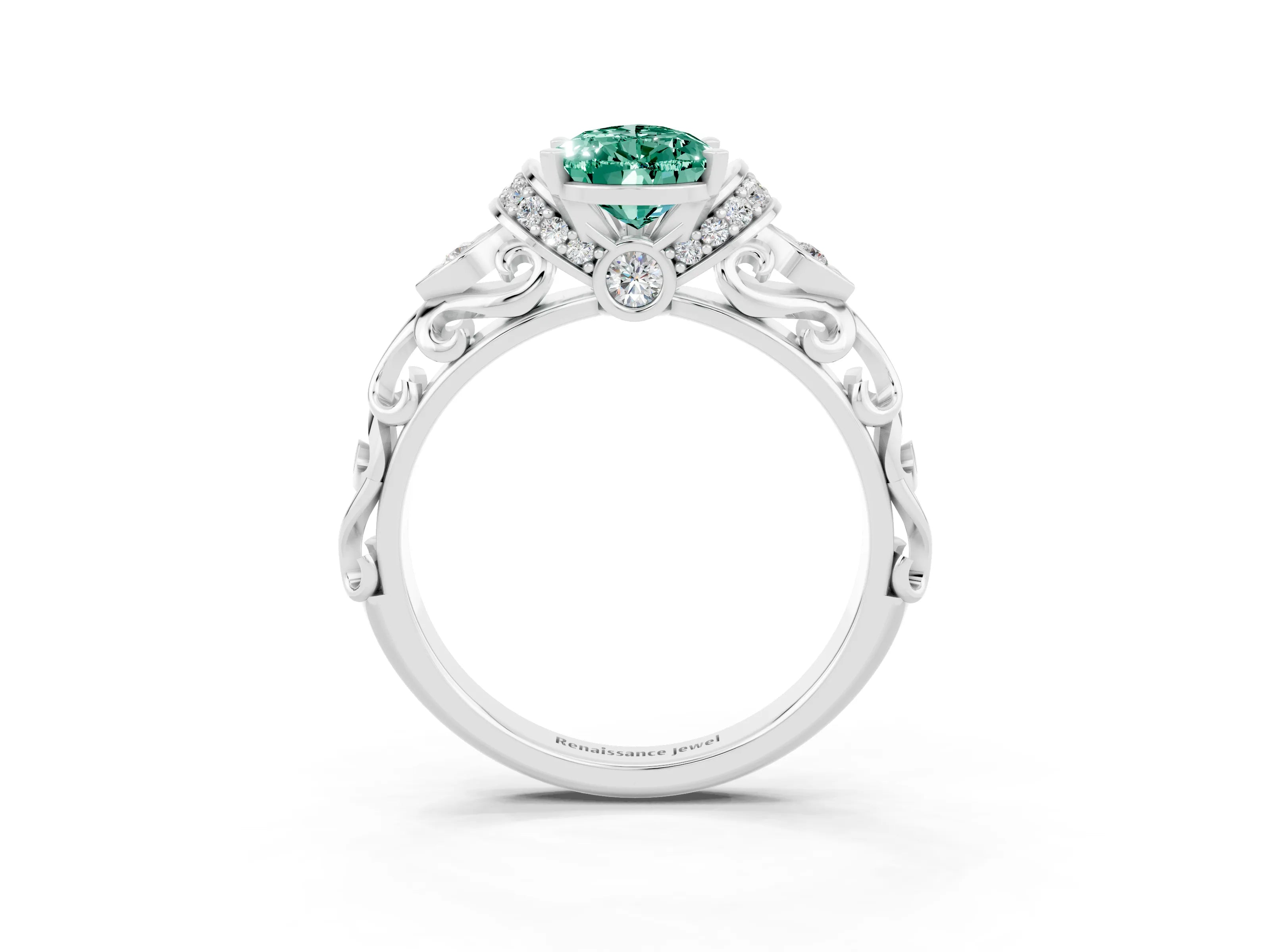White gold Pear Cut Green Sapphire Solitaire Ring with Filigree Band and Four-Prong Setting_39