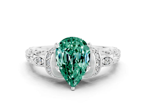 White gold Pear Cut Green Sapphire Solitaire Ring with Filigree Band and Four-Prong Setting_48