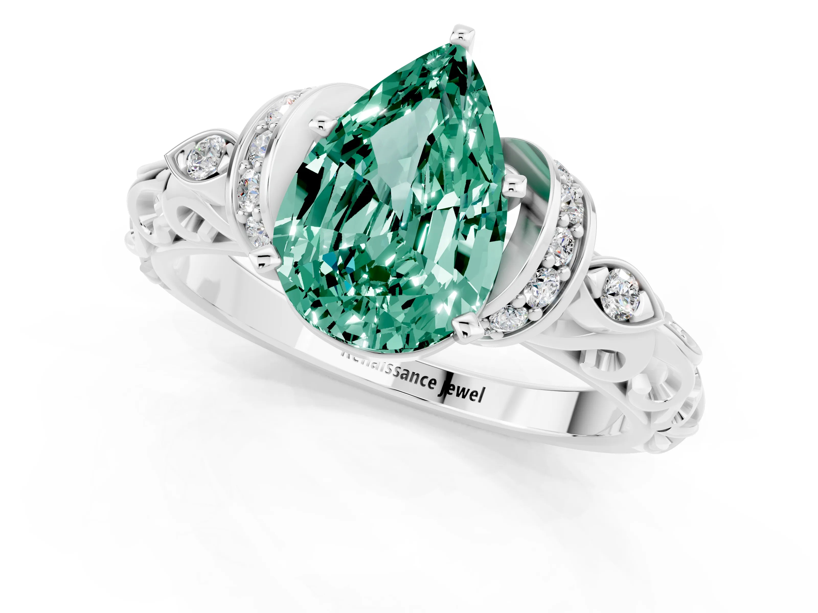 White gold Pear Cut Green Sapphire Solitaire Ring with Filigree Band and Four-Prong Setting_49