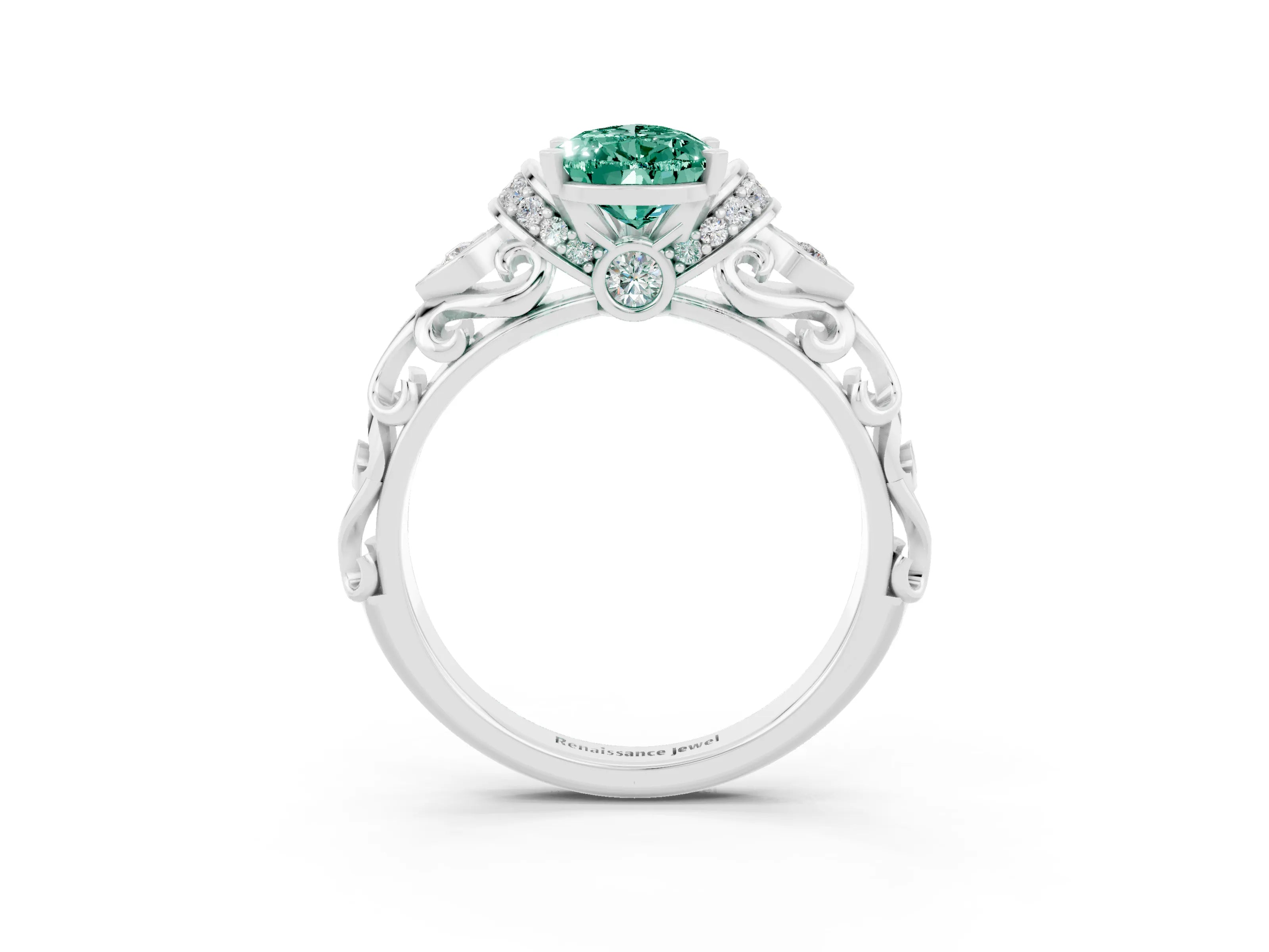 White gold Pear Cut Green Sapphire Solitaire Ring with Filigree Band and Four-Prong Setting_51