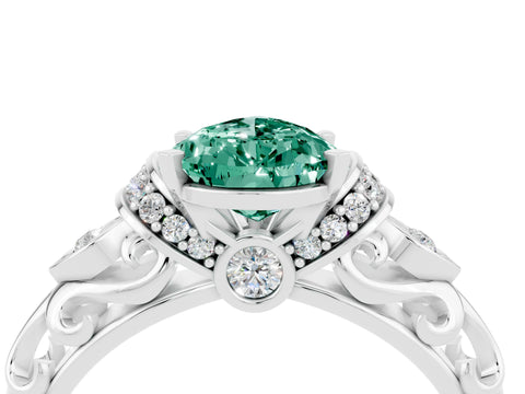 White gold Pear Cut Green Sapphire Solitaire Ring with Filigree Band and Four-Prong Setting_52