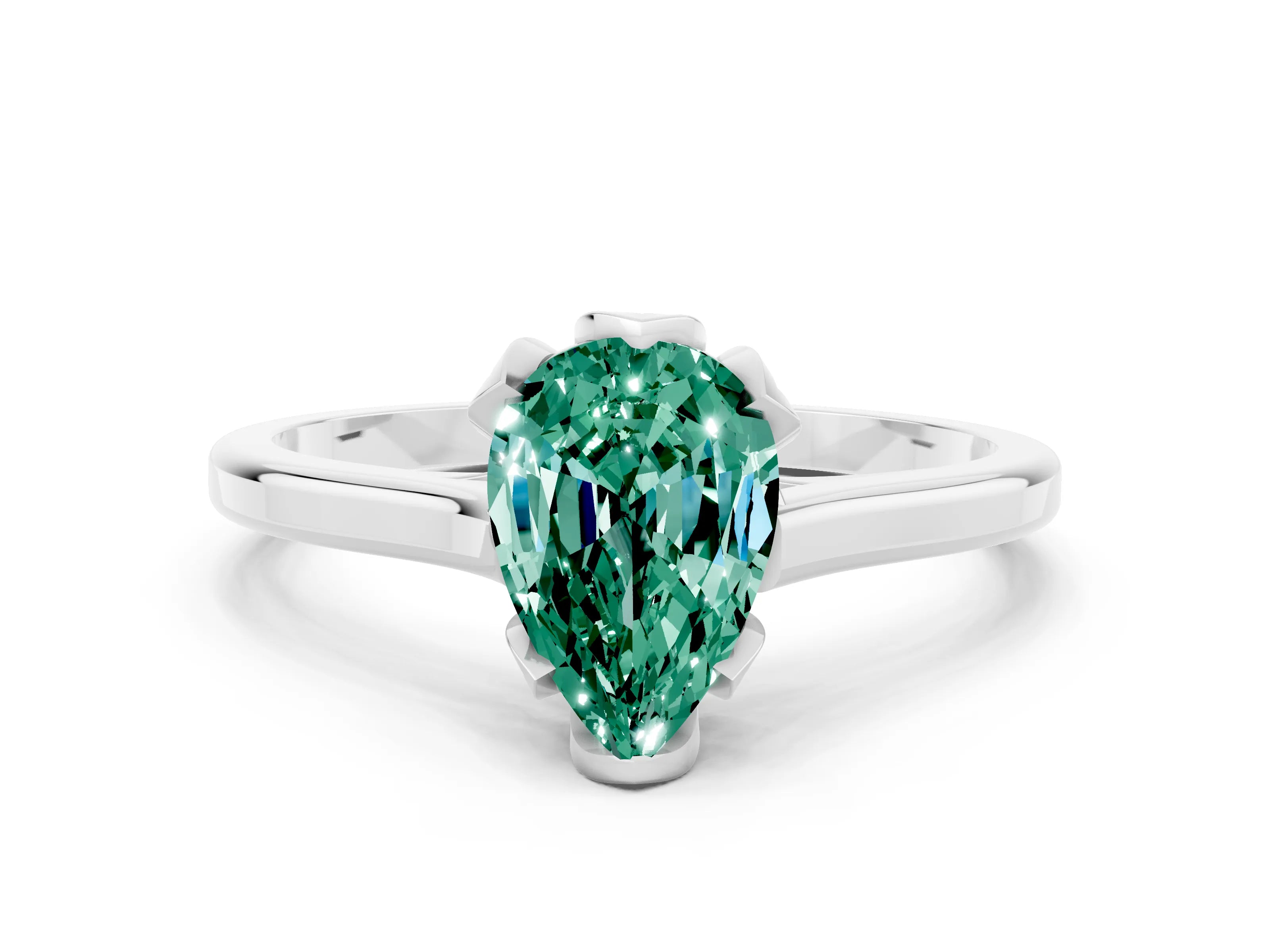 White gold Pear Cut Green Sapphire Solitaire Ring with Flower Prong Setting and Classic Band_12