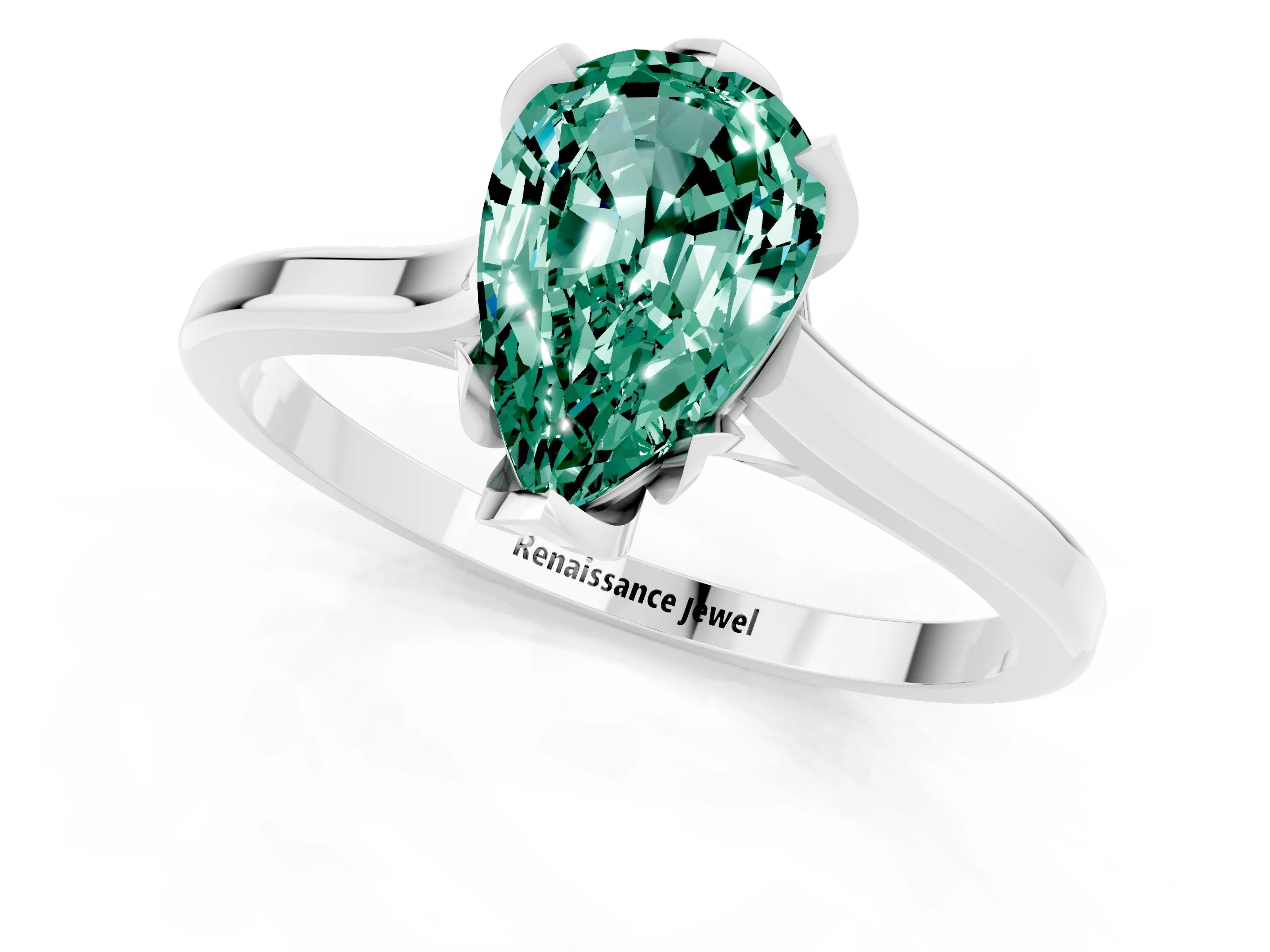 White gold Pear Cut Green Sapphire Solitaire Ring with Flower Prong Setting and Classic Band_13