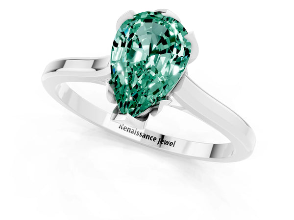 White gold Pear Cut Green Sapphire Solitaire Ring with Flower Prong Setting and Classic Band