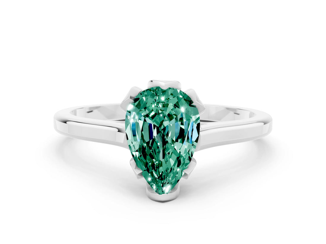White gold Pear Cut Green Sapphire Solitaire Ring with Flower Prong Setting and Classic Band_24