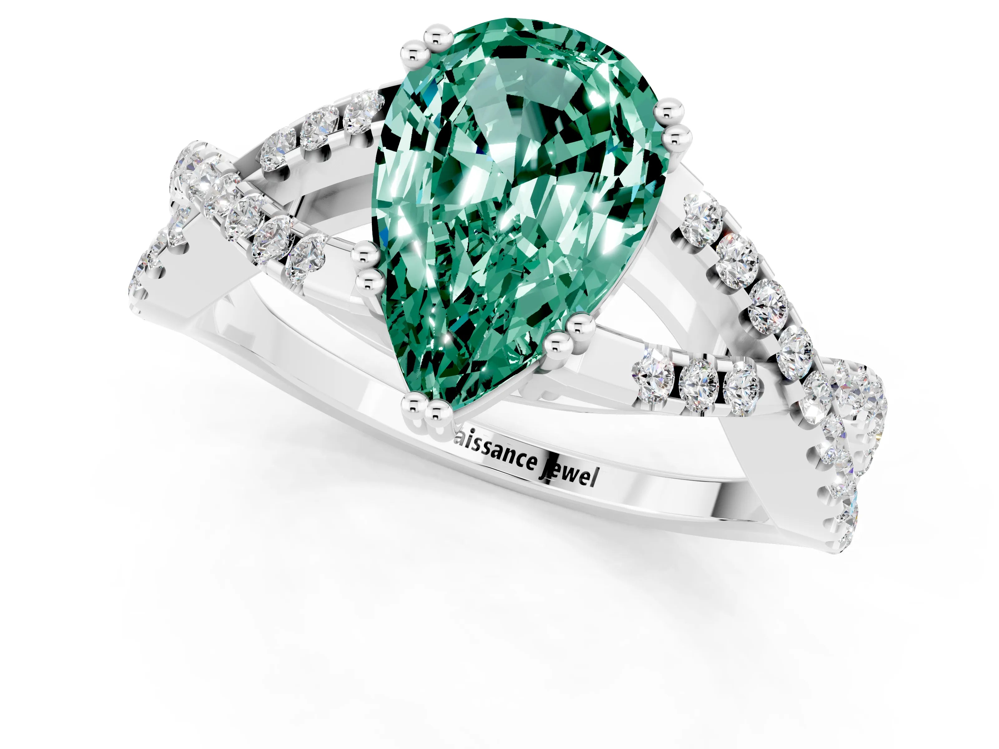 White gold Pear Cut Green Sapphire Solitaire Ring with Four-Prong Setting and Twisted Pavé Band_1